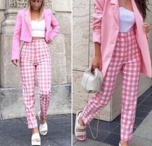 Zara Pink White Gingham Picnic Ankle Pants Retro Size Small Easter Spring